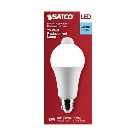 Satco 12 Watt A19 LED, White, 5000K, 1050 Lumens, 120 Volt, PIR Sensor, Non-Dimmable S11446